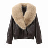 Ladies Winter Retro Fur Collar Leather Jacket V‑Neck Full Lapel Long Sleeve Double Breasted Urban Warm Casual Outer
