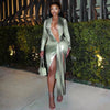 Sexy Gradient Color Irregular Ribbon Dresses Woman Deep V Long Sleeve Shirring Bodycon Dress Elegant Party Clubwear