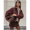 Solid Patchwork Cropped Coat Women Lapel Long Sleeve Loose Zipper Pockets Jacket Autumn Lady Casual Street Outerwear