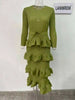 Long Pleated Dress Women Round Neck Solid Color Ruffles Cake Belt Dresses Multi-layer Female Elegant Clothing 2R6863