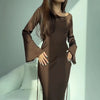 Women's Long Dresses Solid Satin Flare Sleeve Slim Lace Up Floor-length Dress Females Sexy Elegant Party Maxi Dress