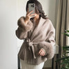 Elegant Lace Up Woolen Coat Women Furry Lapel Fur Patchwork Belt Loose Short Jacket Female Lady Autumn Winter Cardigans