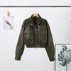 Vintage Zippers Short Leather Jackets Women's Casual Lapel Button Pockets Full Sleeve Coat Autumn Lady Chic Streetwear