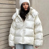 Casual Women's Glossy Hooded Cotton Coats Puffy Stand Collar Zipper Long Sleeve Warm Jackets Winter Lady Down Jacket