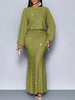 Shiny Women's Dress Spring Autumn O-neck Long Sleeve Slim Hips Banquet Long Dress Female Pleated Party Fishtail Dresses