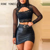 Women Chic Long Sleeves Short Lace Tops Pu Leather Bottom with Belt Button Bodycon Mini Sexy Skirt Sets