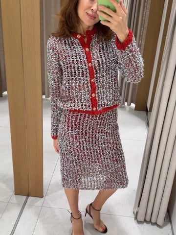 Elegant Mixed Color Boucle Tweed Two Piece Set Women Red Fringe Trim Short Cardigan Jacket Straight Midi Skirt Casual Chic Suit