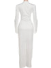 Sexy Maxi Dress Women Shoulder Padded Zip Wrapped Bandage Long Sleeve Slit Elegant Solid Office Simple Skinny Bodycon