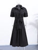 Elegant Belt Women Long Black Dress Full Sleeve Pleated Lapel Waist-Closed Female A Line Dresses Spring Lady Robes