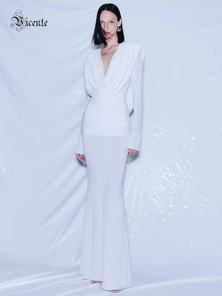 White Swinging Collar Long Dress For Women Ruched High Waist Long Sleeves Slim Elegant Evening Party Gowns