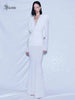 White Swinging Collar Long Dress For Women Ruched High Waist Long Sleeves Slim Elegant Evening Party Gowns