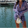 Women Chic Vacation Outfits Striped Print Sheer Chiffon Shirt Casual Turn-down Collar Mini Dress & Detachable Scarf