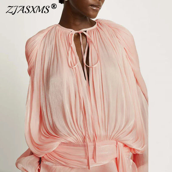 French Style Bubble Sleeve Mini Dress Woman Ruffle Solid Bright Satin Party Dress Spring Tie-up O Neck Pleated Dress