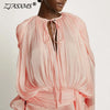 French Style Bubble Sleeve Mini Dress Woman Ruffle Solid Bright Satin Party Dress Spring Tie-up O Neck Pleated Dress