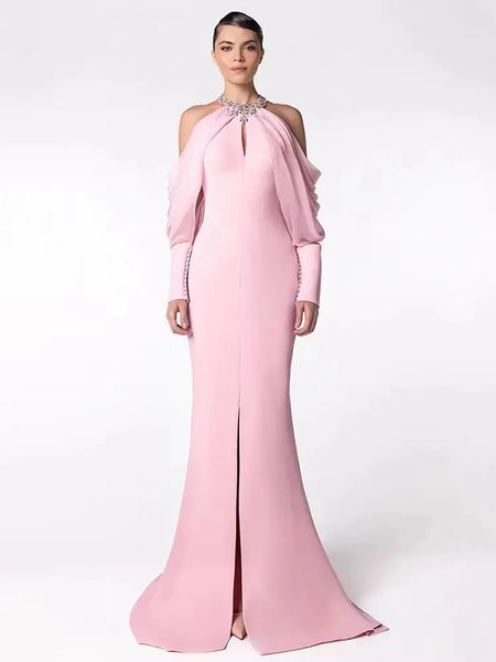High Street Designer Women's Stand Collar Beaded Diamonds Chiffon Off Shoulder Long Sleeves Party Long Dress