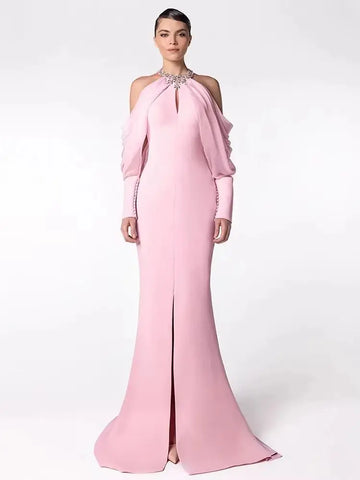 High Street Designer Women's Stand Collar Beaded Diamonds Chiffon Off Shoulder Long Sleeves Party Long Dress