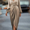 Women's Satin Evening Party Maxi Dress Draped Silk V-Neck Long Sleeve Office Lady Midi Dresses Vestidos Sexy Chic Robes Longue