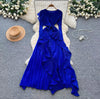 Women's French-Style Dress for Autumn - Ruffled, Pleated, Ruched, Asymmetrical with Tie Waist, Elegant Design