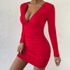 Sexy Deep V-Neck Party Clubwear Short Dresses Women Shirring Long Sleeves Wrap Hip Dress Autumn Casual Solid Color Dress