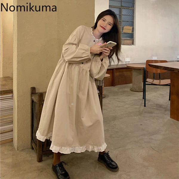 Autumn Korean Style Dress Women Ruffles Patchwork O Neck Long Sleeve Dresses Slim Waist Elegant Vestidos Mujer