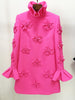 High Street Designer Women's Flare Sleeve 3D Flowers Appliques Dress