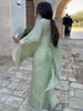Elegant Green Lace V Neck Maxi Dress Women Chic Full Flared Sleeve Pleated Slim Fit Layered Gown Evening Wedding Guest Robe