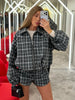 Casual Plaid Shorts Set Women Lapel Long-sleeved Zipper Jacket Short Pants Sets Lady Spring Daily Street Outfits
