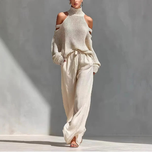 Boho Women's Two Piece Outfit Cold Shoulder Hollow Out Turtleneck Knit Sweater and High Waist Wide Leg Pants Casual Matching Set
