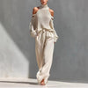 Boho Women's Two Piece Outfit Cold Shoulder Hollow Out Turtleneck Knit Sweater and High Waist Wide Leg Pants Casual Matching Set