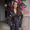 Autumn Elegant Printed Satin Long Dress Women Slim Lace Up V-neck Full Sleeve Pleat Dresses Lady Party Evening Robes