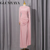 Women Clock Long Sleeve Stacked Ruched Bodycon Midi Maxi Long Dress Birthday Sexy Party Floor Length Dresses