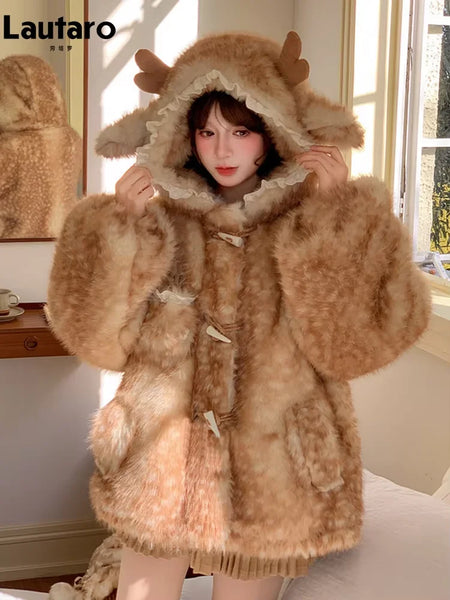 Autumn Winter Thick Warm Sweet Cute Lace Patchwork Faux Fur Coat Hoodie Women with Deer Ears Horn Buttons Fluffy Jacket