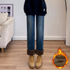 Women's Winter Fleece Jeans Thicken Warm Soft Loose Straight Korean Denim Pants Female Plush Velvet Wide Leg Pants