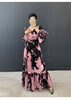 Abstract Print Ruched Womens' Pleated Dress Ruffle Sleeve Pleated Chiffon Long Dresses Party Outfit 2DB7460