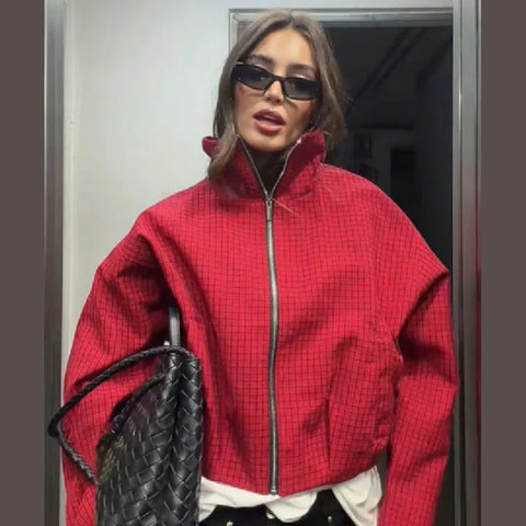 Casual Red Plaid Pattern Jacket Stand Collar Full Zipper Loose Outerwear Autumn Winter Chic High Street Daily Women Outfit