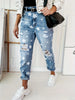 Boyfriend Jeans Women's Slim Fit Ripped Jeans Women's Five-pointed Star Ripped Jeans Street Casual Blue Jeans