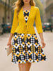 Womens 3/4 Sleeve Geometry Print Square Neck Patchwork Elegant Yellow A-Line Casual Party Fit And Flare Skater Swing Dress