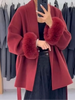 Solid Lace Up Faux Fur Sleeve Jacket Woman Elegant Mid-length V-neck Woolen Blend Coat Autumn Casual Scarf Outwear