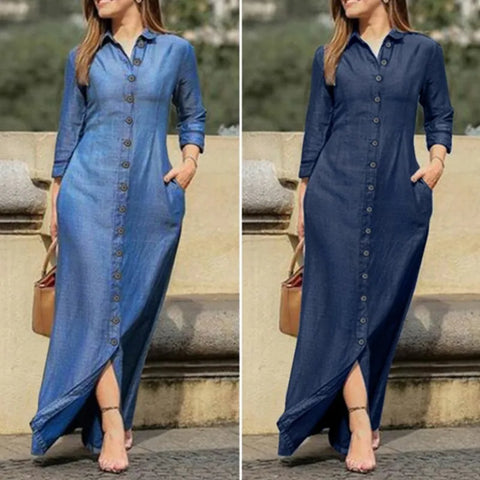 Spring Elegant Women's Denim Dress Casual Long Sleeve Buttons Shirt Maxi Dresses For Women Robe Femal Office Clothing
