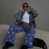 European and American Style Retro Flower Printing Wide-leg Jeans Women's Trousers Ruffle Edge Design Ripped Low-rise