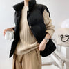 Stand Neck Puffer Cotton Vest Beige Black Autumn Winter Loose Vest Women Jacket