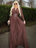 Dresses For Women Plunging V Neck High Waist Belt Long Sleeves Wedding Party Dress Brown Gowns