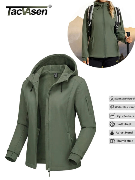 Womens Fleece Lined Softshell Jacket Waterproof Hiking Coat with Hood Thumbholes Lightweight Windproof Full Zip Jacket