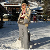 Women Chevron Color Block Padded Ski 2 Piece Set Fleece Collar Zipper Snow Jacket Cargo Wide Leg Pants Winter Snowboard Outfits