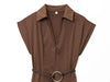 Zerains Autumn women's clothing temperament casual style lace up decoration lapel with belt Midi dress
