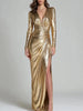 Shiny Bodycon Evening Dress Women Deep V‑Neck Long Sleeve Ruched Wrap High Slit Maxi Dress for Wedding Party Prom Gown