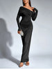 Women's Long Sleeve Asymmetric Neck Long Dress One Shoulder Ruched Bodycon Club Party Maxi Dresses Brown Autumn