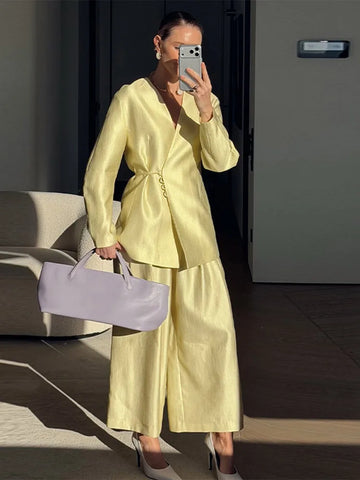 Kimono Style Jacket Pant Set Women Loose V-neck Side Lace Up Jacket Wide Leg Pants Female Spring Elegant Commuter Outfits