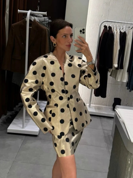 Elegant Dot Shirt Skirts Suit Women Long Puff Sleeve Button V-neck Jacket Mini Skirt Spring Chic 2 Pieces Set Lady