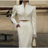 Urban Solid Women's Two Piece Set Elegant Puff Long Sleeve V Neck Blazer Mesh Suit Skirt Autumn Lady Outfit